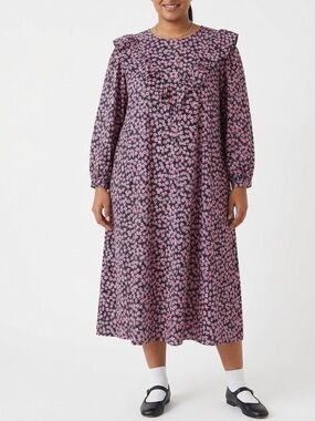 Sandy Liang Pink Floral Midi Dress with Ruffle Shoulders